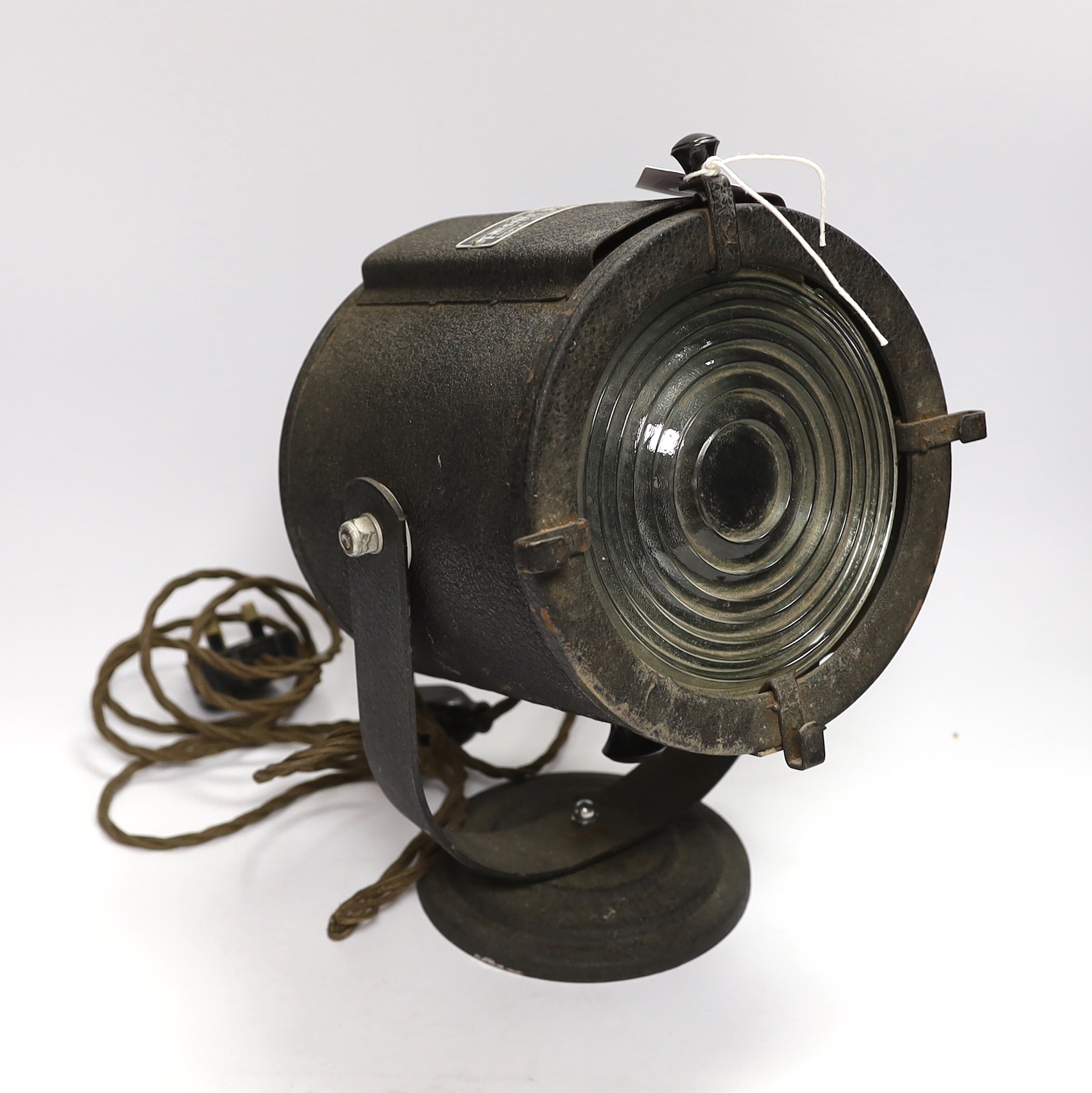 A vintage Industrial style Fresnel Photospot electric floor spotlight, 33cm high